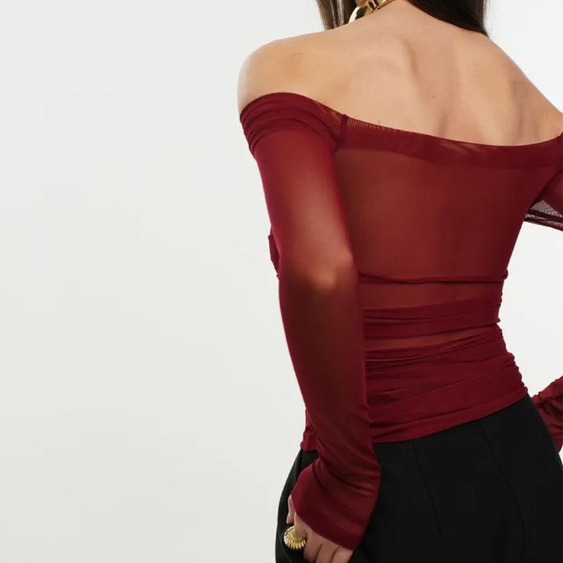 Top in rete con spalle scoperte, moda estiva 2025, da donna, nuova maglietta aderente trasparente e plissettata_voghion.com