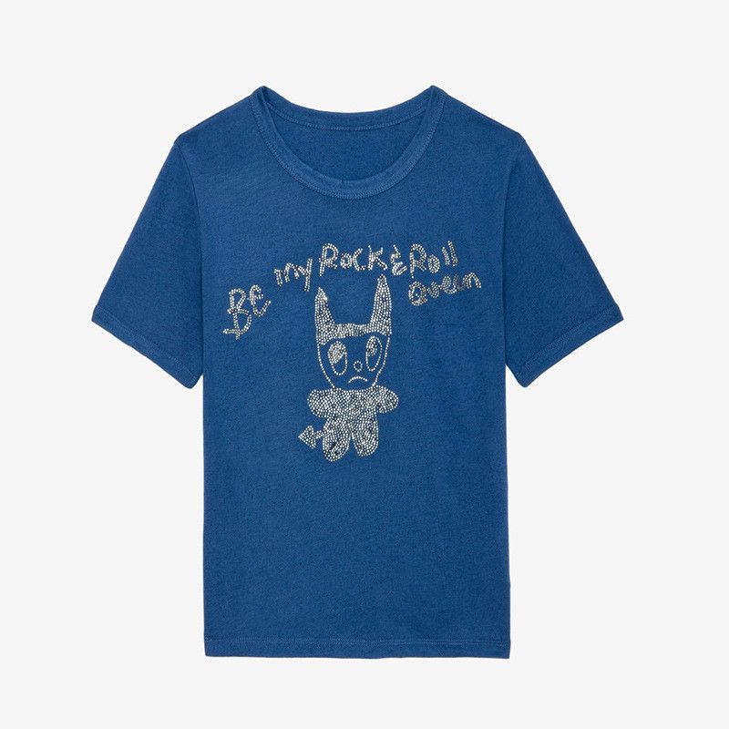 T-shirt à manches courtes et col rond pour femme, en coton, avec strass anglais, nouvelle collection été 2021, ZV Little Devil Doll_voghion.com