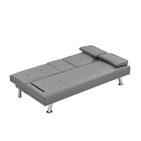 Sofa Bed With Armrest Two Holders WOOD FRAME, STAINLESS LEG, FUTON GREY PVC_voghion.com