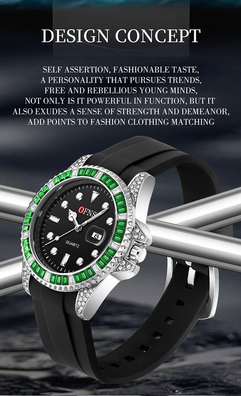 Men's Classic Diver Style Watch With Luminous Dial, Waterproof Casual Wristwatch With Date Function TPU Strap Classic Green Water Ghost Luminous Watch_voghion.com