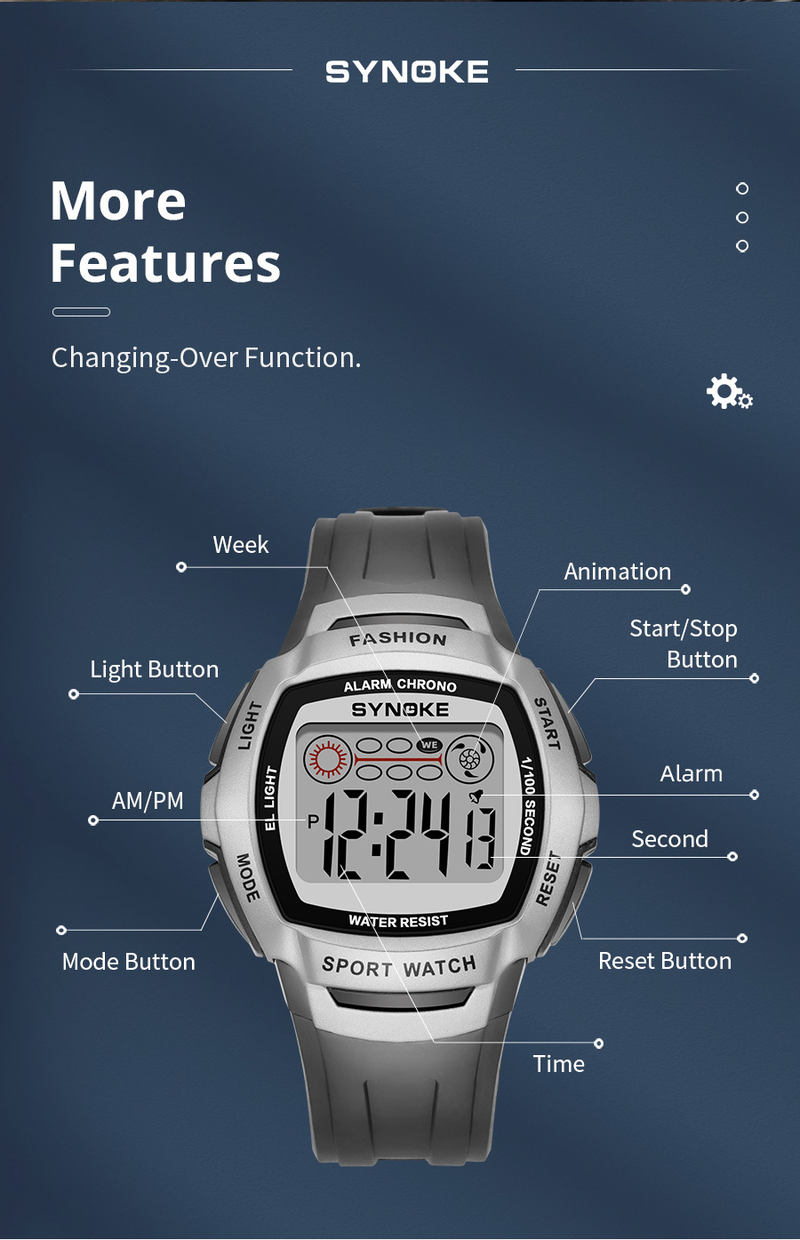 SYNOKE new retro electronic watch men's large screen simple waterproof luminous student watch sports_voghion.com