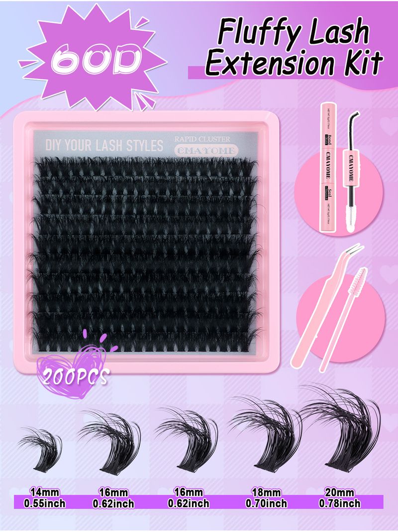 CMAYOME DIY Cluster Wimpers Set - 14-20mm D Krul Fluffy Nepwimpers met Roze Lijm, Pincet en Borsteltje voor Natuurlijk Volume en Eenvoudige Aanbrenging_voghion.com