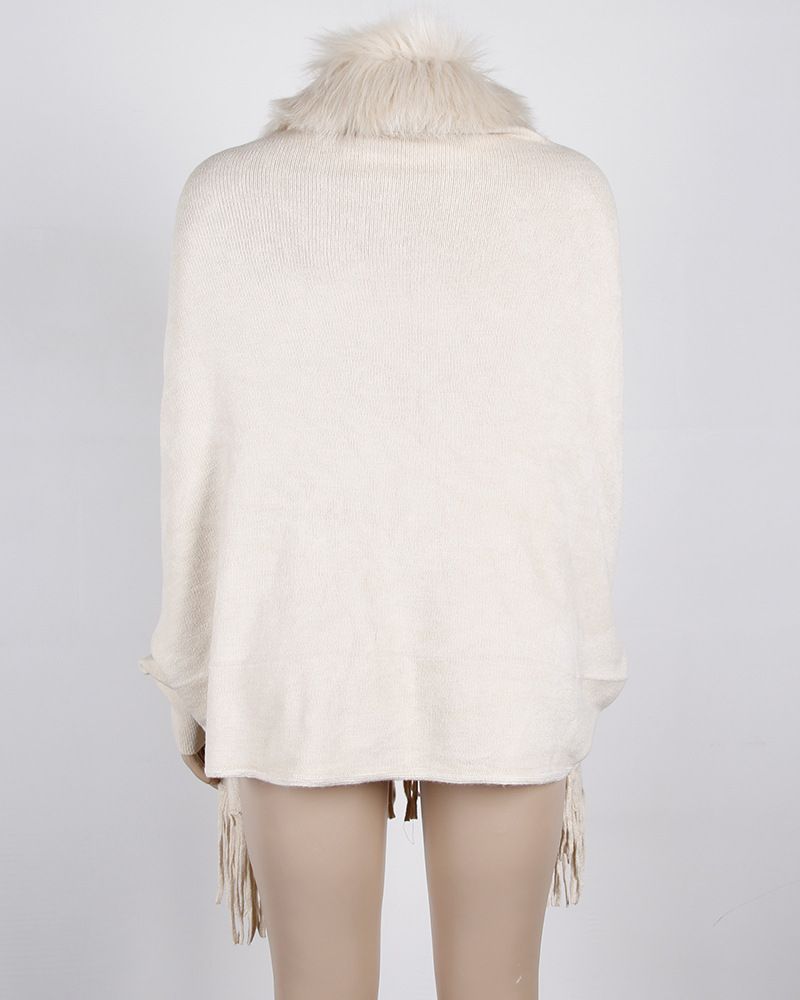 Maglione cardigan tinta unita in stile europeo e americano, autunno e inverno, con nappa e collo in pelliccia_voghion.com