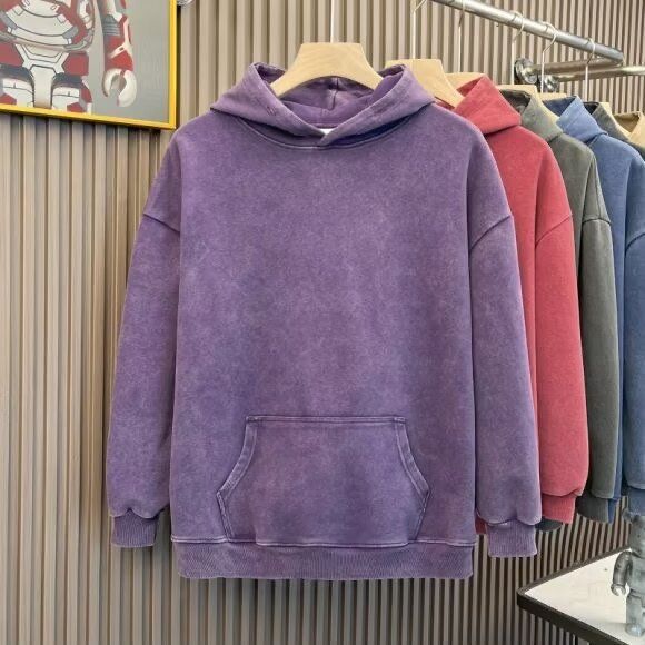 Old Washed Hooded Sweatshirt For Men With Dropped Shoulders And Thick Solid Color Hoodie_voghion.com