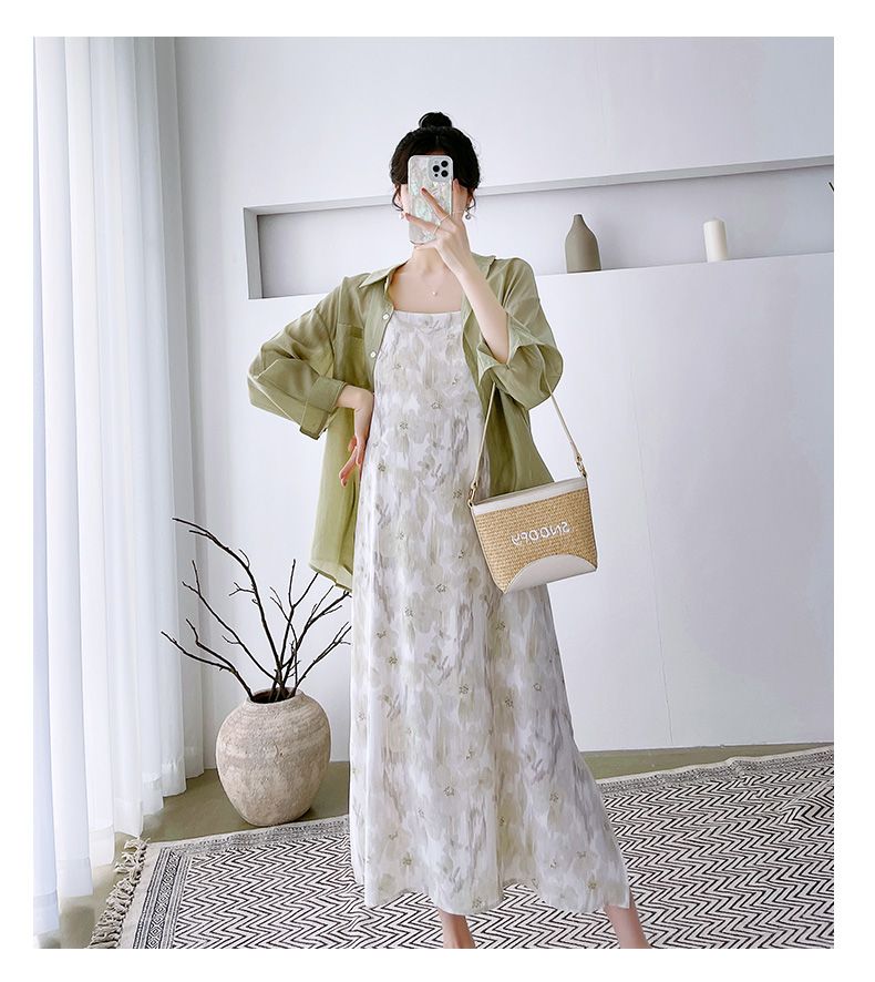 Completo da donna incinta, abito in chiffon con gonna e bretelle, camicia in tencel, abbigliamento con protezione solare, set due pezzi primaverile_voghion.com