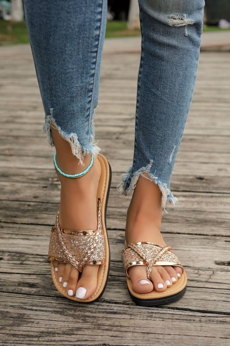 Sapatos Sapatos Únicos Chinelos Rasos Chinelos Casuais de Tecido com Lantejoulas da Moda_voghion.com