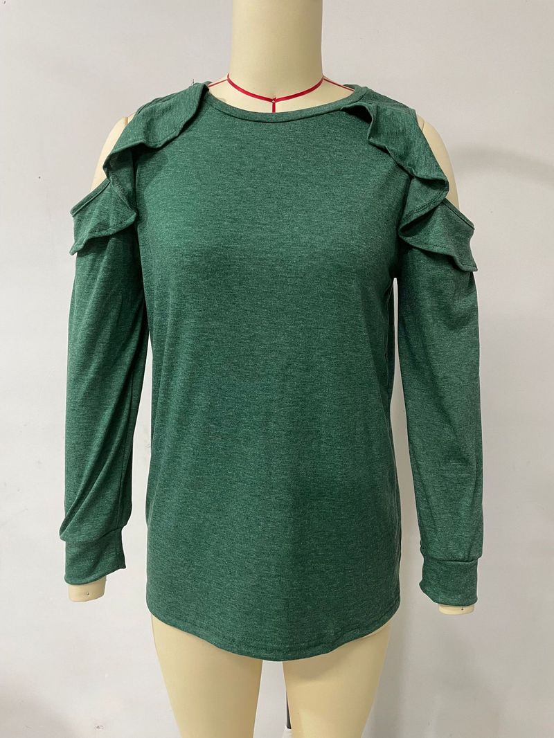 Top oversize da donna in maglia con spalle scoperte e orlo arricciato - Maglione casual in morbido misto cotone per autunno inverno_voghion.com