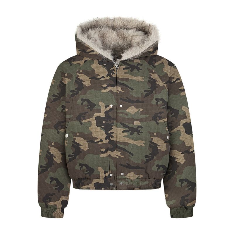Winter Thickened Short Jacket With Camouflage Design, Pockets, Canvas Workwear, Fur Collar, Hooded Cotton Coat For Men_voghion.com