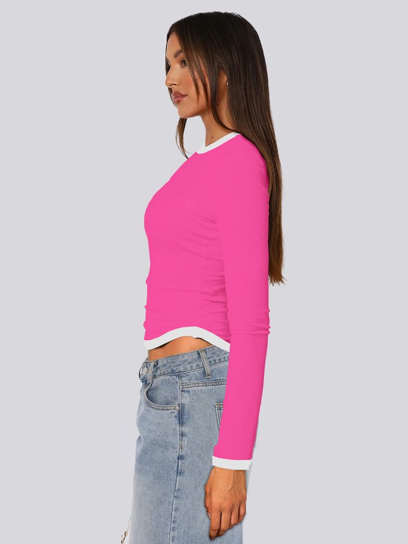Blusa feminina primavera verão 2025, manga comprida, gola redonda, slim fit, bloco de cores_voghion.com