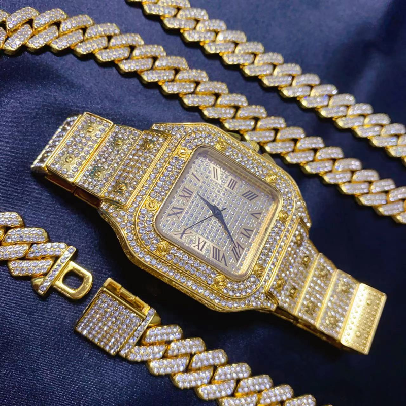 3PC Hip Hop Uhr Halskette Armband Schmuck Set für Männer Bling Gold Silber Diamant Iced Out Box Kubanische Kette relogio_voghion.com
