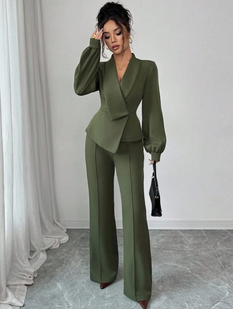 Completo blusa e pantaloni dolce e sofisticato – Completo da ufficio a maniche lunghe verde militare con maniche a lanterna (S-Xxl)_voghion.com