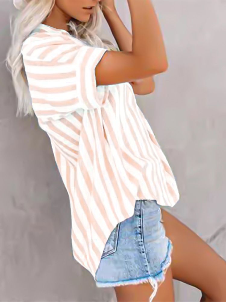 Cardigan a maniche corte con stampa a righe e colori a contrasto, casual e da pendolare, da donna_voghion.com