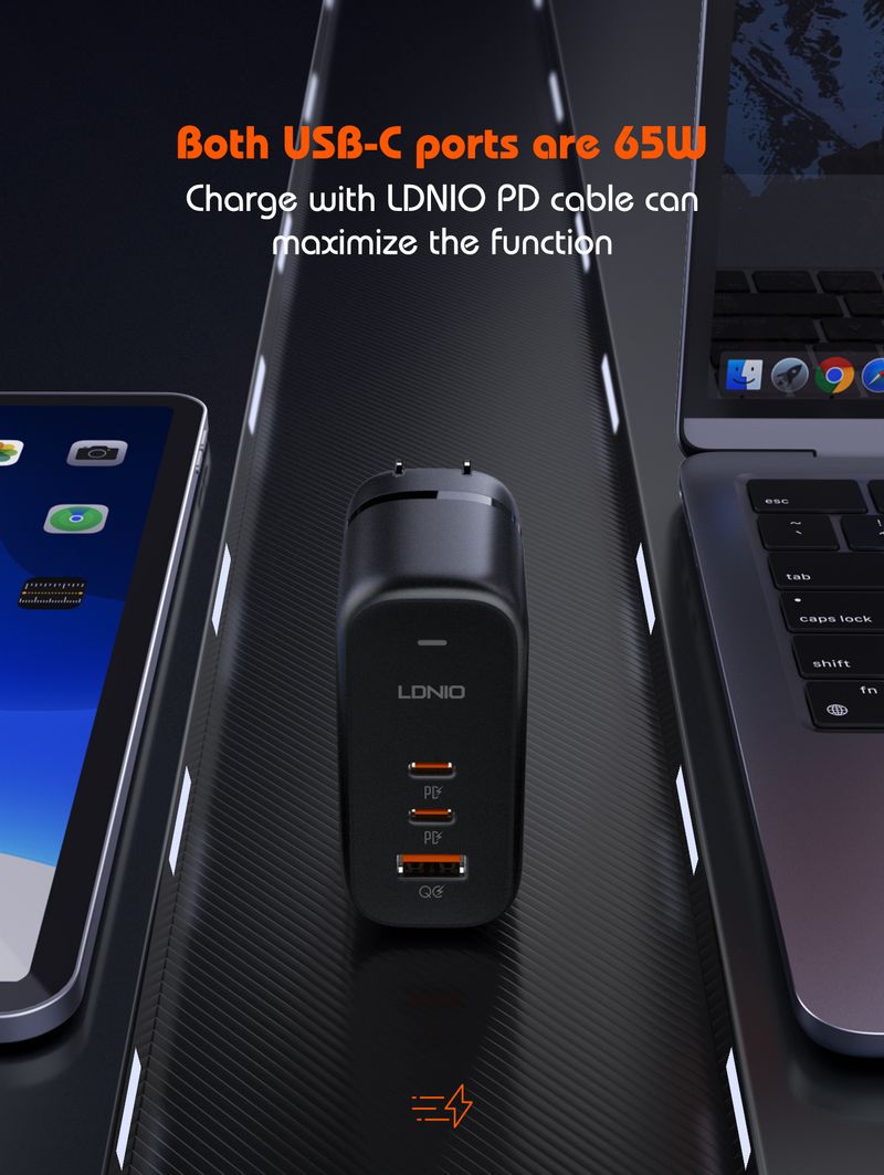65W USB C GaN Charger With 3 Ports International EU UK US AU Travel Plug Adapter Power Cord_voghion.com