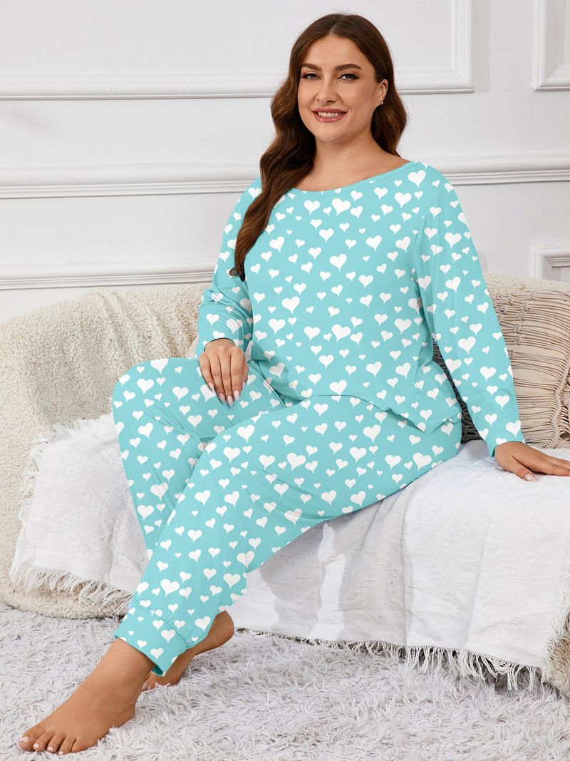Dames Nachtkleding Pyjama's Grote maten Een schouder Lange mouwen Broek Hart Bedrukt Thuis Kleding Pakken_voghion.com
