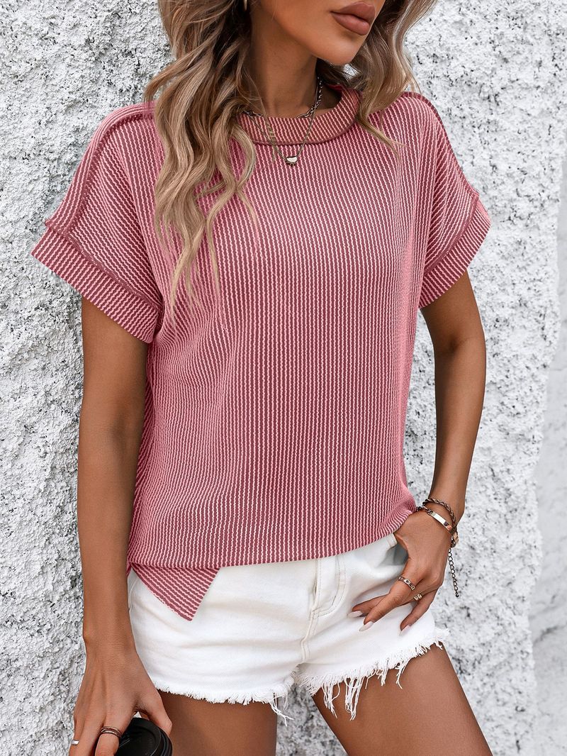 T-shirt da donna a maniche corte con scollo rotondo e vestibilità ampia, con motivo a righe intrecciate e cuciture a vista - Tessuto in maglia di misto cotone traspirante per abbigliamento casual da strada_voghion.com