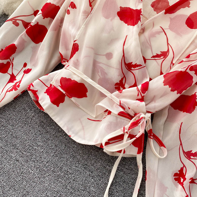 Chemise courte en mousseline de soie imprimée de style resort pour femmes, avec jupe fendue à bords d'oreilles funky, ensemble deux pièces tendance_voghion.com