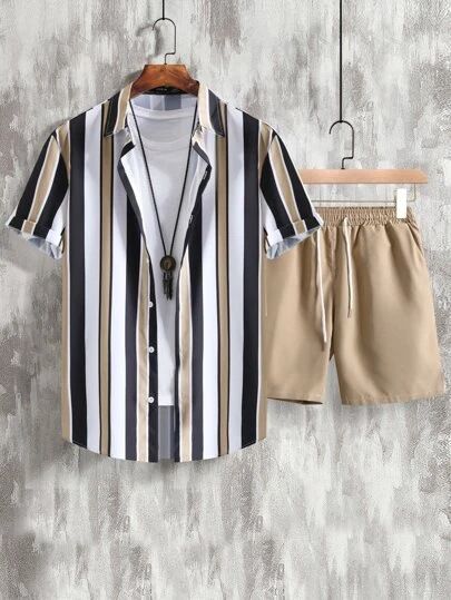 Set da 2 pezzi di camicia e pantaloncini estivi con stampa 3D a righe e colori a contrasto da uomo_voghion.com