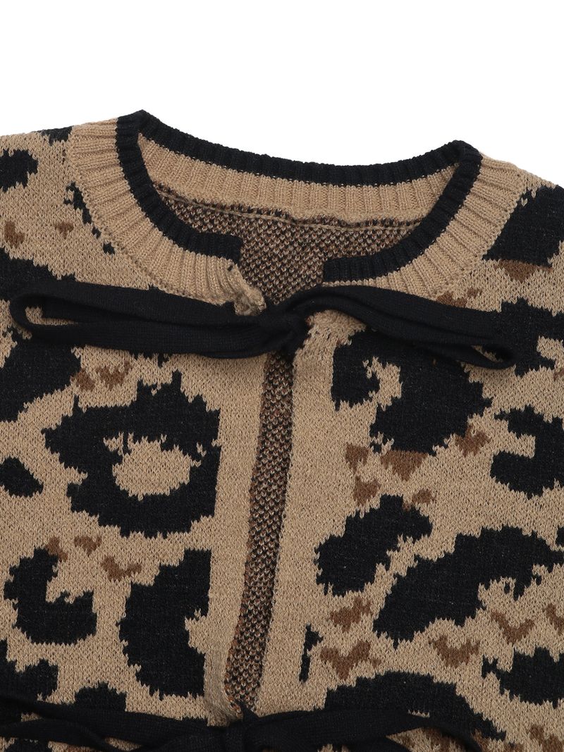 Women's Clothing new leopard print bow tie knitted sweater autumn and winter long sleeved cardigan top_voghion.com