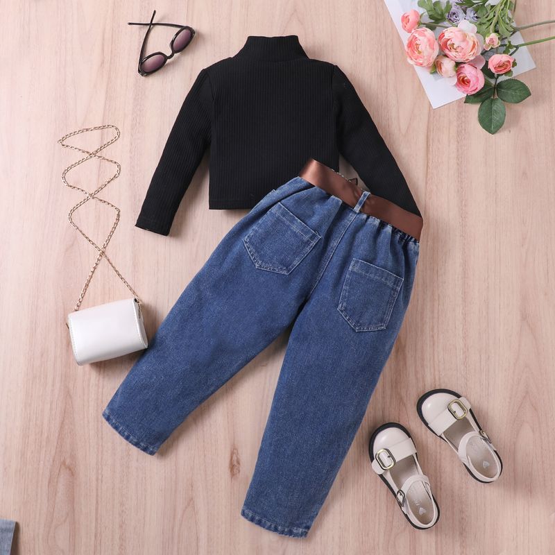 Kinder Kleidung Für Mädchen Herbst Und Winter Pit Streifen Einfarbig Langarm Jumper Zerrissene Denim Hosen Zwei-stück set_voghion.com