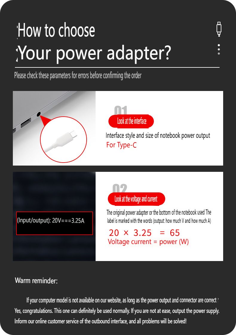 65W Universal USB-C PD 3.0 Laptop Charger - 20V 3.25A EU Power Adapter Suitable For ASUS/Dell/HP/Acer/Lenovo&Other Laptop_voghion.com