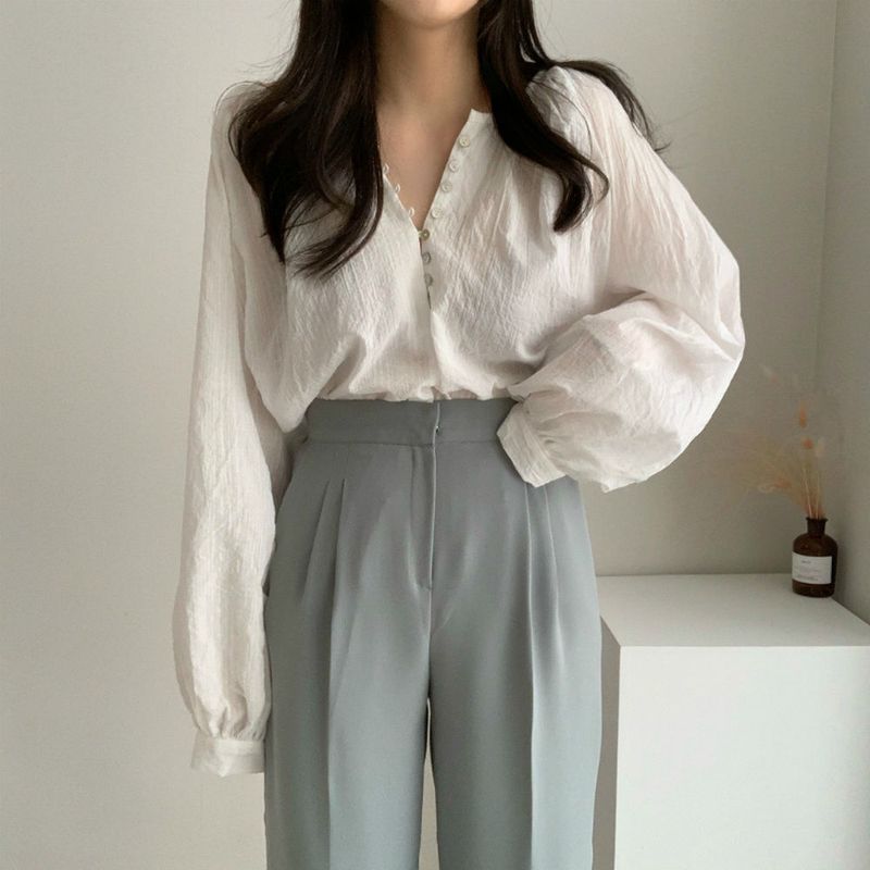 Camicia a maniche lunghe ampia e sottile con fibbia a conchiglia, girocollo semplice ed elegante coreana, per donna, 2024_voghion.com