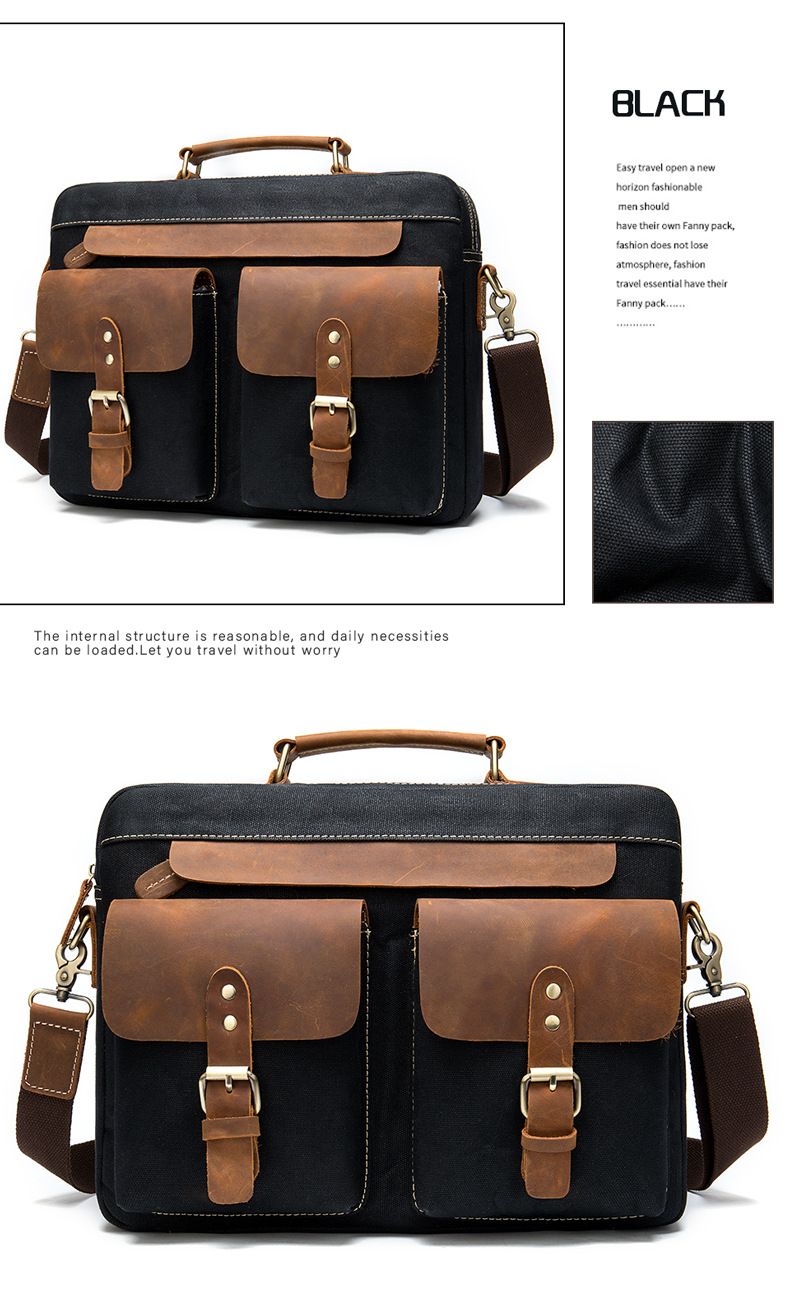 Marant Handbag Cowhide With Cloth Briefcase Retro Classic Business 14 Inch Crazy Horse Leather Computer Men's Briefcase_voghion.com