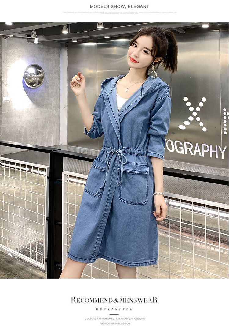 Giacca in denim da donna K Plus Size; trench cardigan con cappuccio, maniche lunghe e lunghezza media._voghion.com
