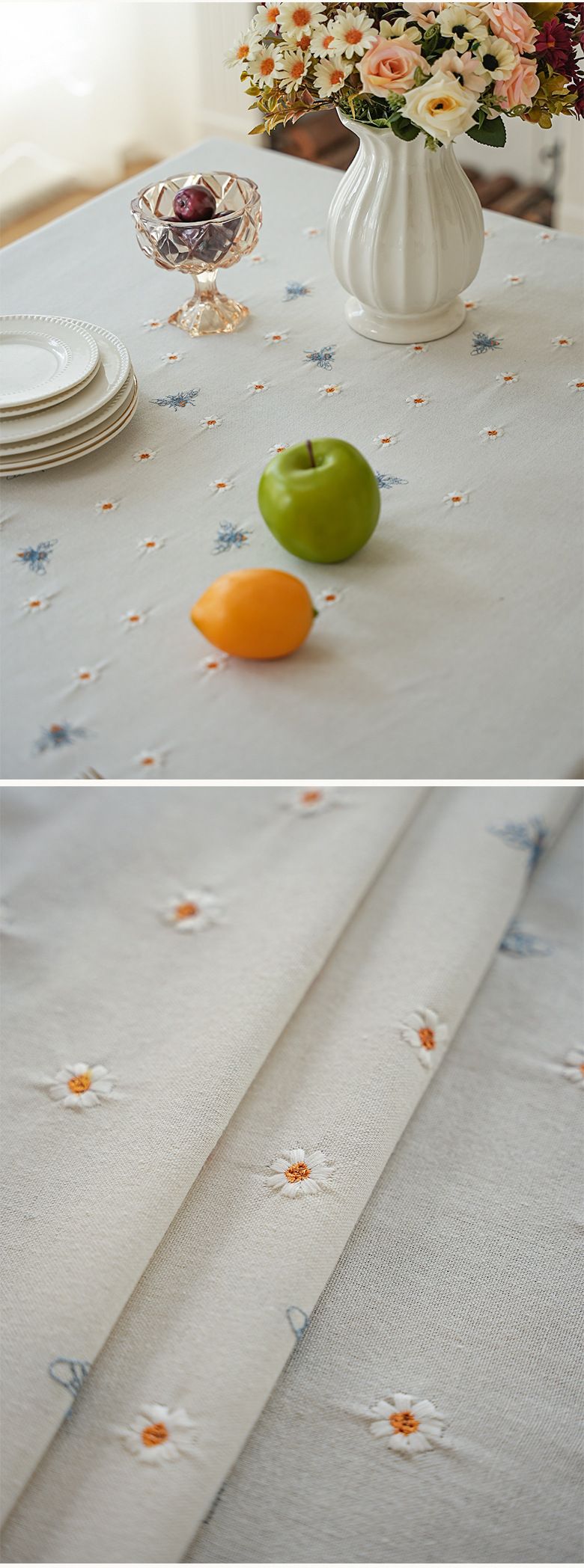Wasserfeste und schmutzabweisende Tischdecke aus Baumwollleinen – Gesticktes Gänseblümchen-Blumenmuster, Boho-Chic-Dekor für Esstisch, Schreibtisch, Küche_voghion.com