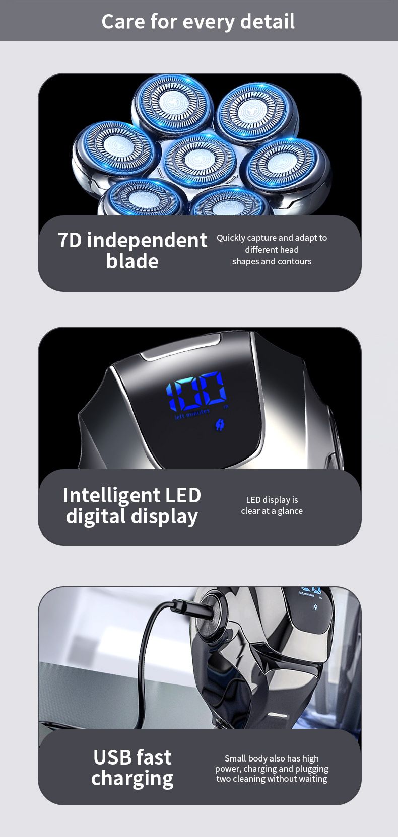 7-Klingen-Elektrorasierer für Männer, LED-Anzeige, über USB wiederaufladbar, Nass- und Trockenanwendung, schwebende Scherköpfe, geräuscharm (unter 36 dB), Silber_voghion.com