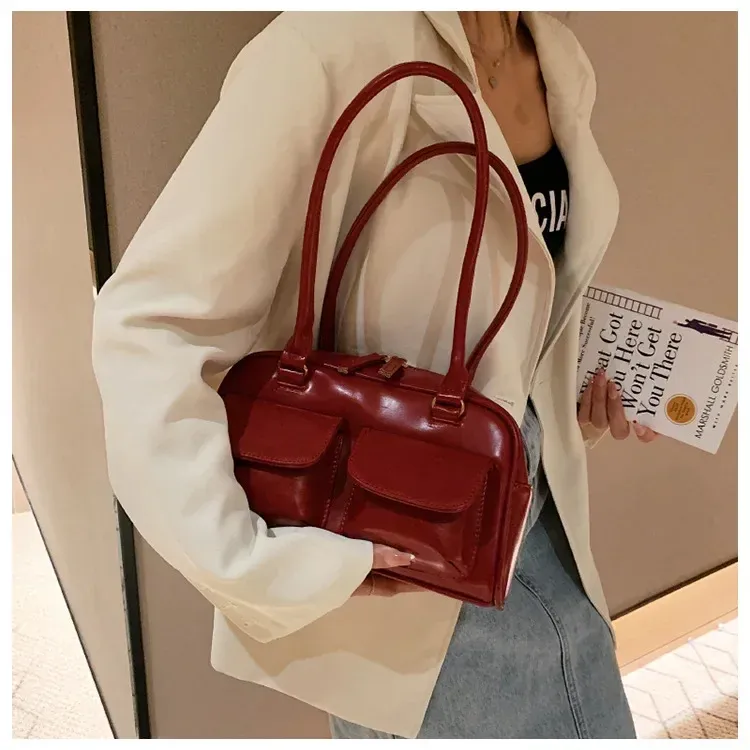 Borsa a tracolla da donna rossa retrò, in pelle verniciata, multitasche, da donna, a tracolla, sottobraccio, tote bag_voghion.com