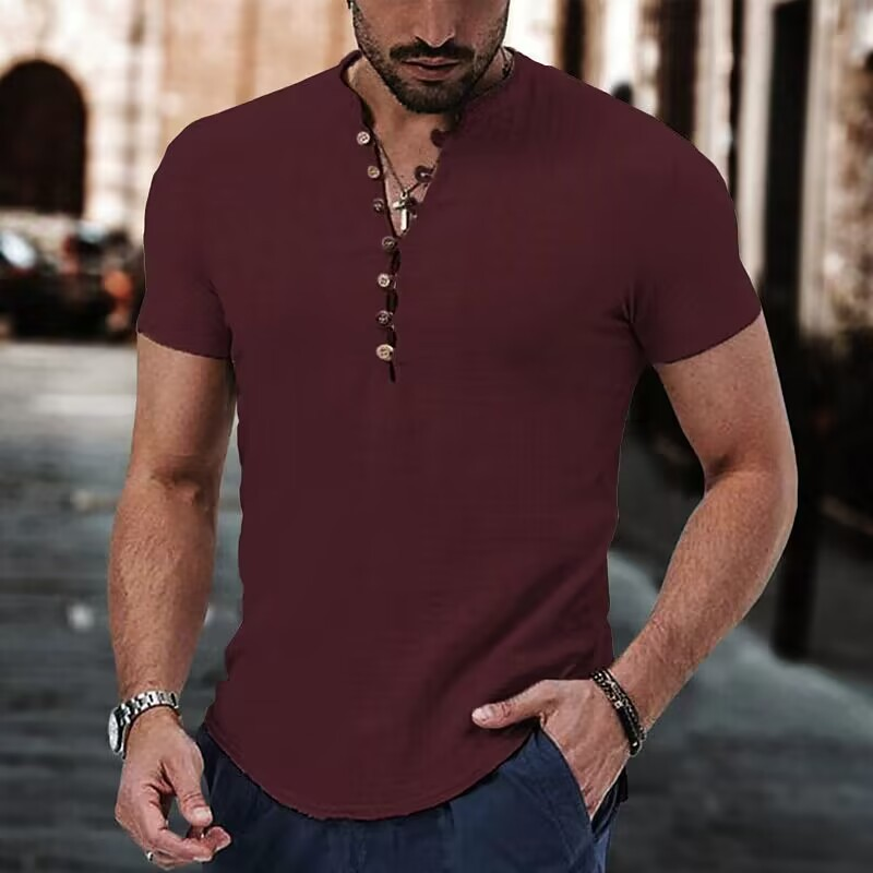 Camicia da uomo in lino 2025, semplice, con scollo a V, abbigliamento casual estivo_voghion.com