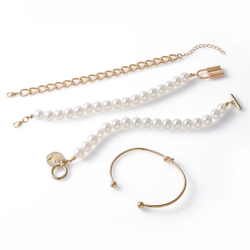 New Handicraft Fashion Lock Pearl Snake Bone Chain Adjustable Opening Bracelet Set of 4_voghion.com