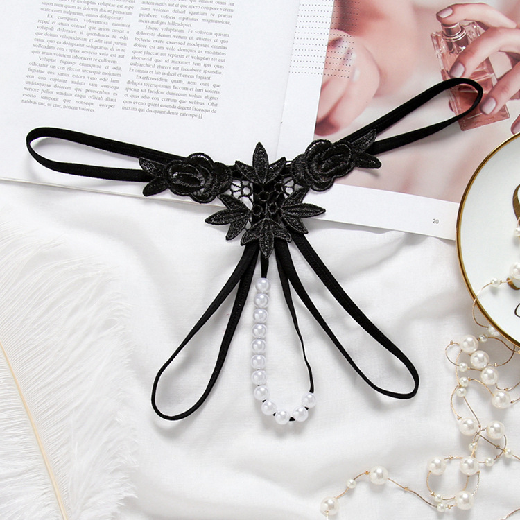 Three-dimensional pearl ladies water-soluble flower thong low-rise sexy see-through T pants_voghion.com