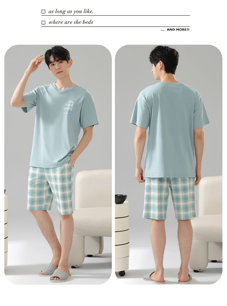 Sommerpyjama Herren Reine Baumwolle Dünn Schlichte Lässige Oberbekleidung Rundhals Pullover Kurzarm Shorts Baumwolle Heimkleidung Set_voghion.com
