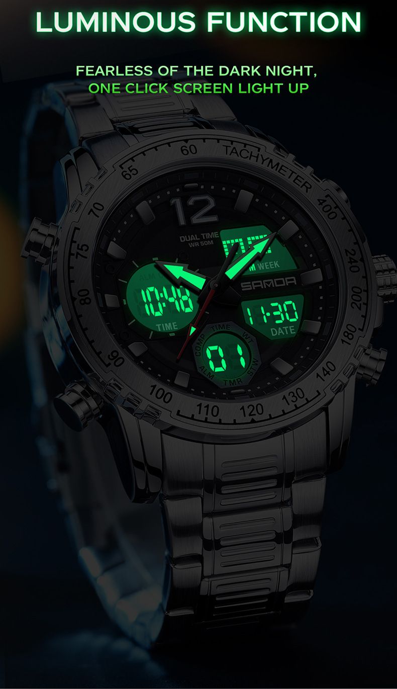 Multi-Function Digital Watch With Stainless Steel Band Waterproof, Luminous, Dual Time, Stopwatch, Alarm, Calendar Sporty Stylish Round Dial Watch_voghion.com