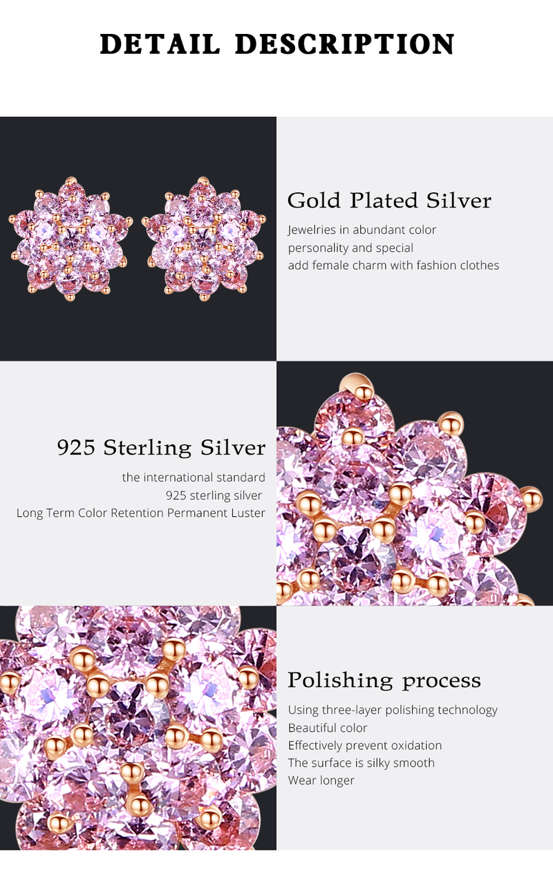 Orecchini a forma di fiore con grappolo di fiori in vero argento sterling per le donne Gioielleria raffinata Rosa CZ Regalo di Natale originale_voghion.com