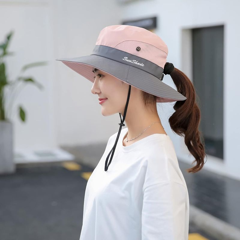 NPQQUAN Cappello da Sole a Secchiello con Coda di Cavallo per Donna Uomo Tesa Larga UPF 50+Cappelli da Pesca e da Spiaggia_voghion.com