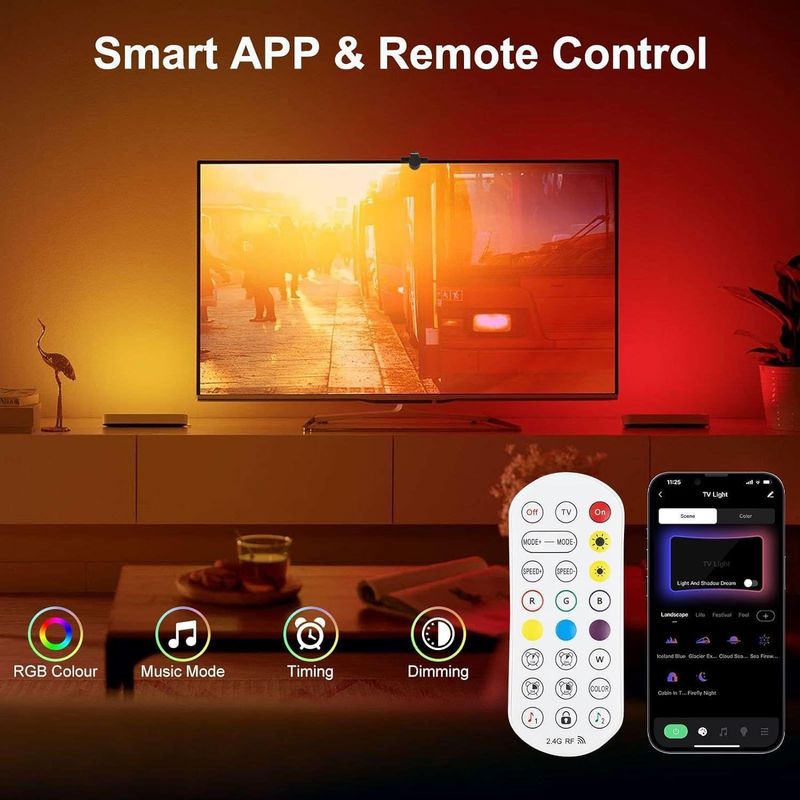Striscia di luce ambientale LED RGB Smart TV Sync - Mirroring dello schermo con sincronizzazione della fotocamera, telecomando a 24 tasti e controllo Bluetooth, 5050 SMD RGBIC, certificazione CE_voghion.com