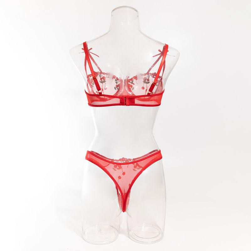 Completo reggiseno in rete trasparente ricamato in stile francese con dettagli a fiocco - Lingerie 2 pezzi_voghion.com