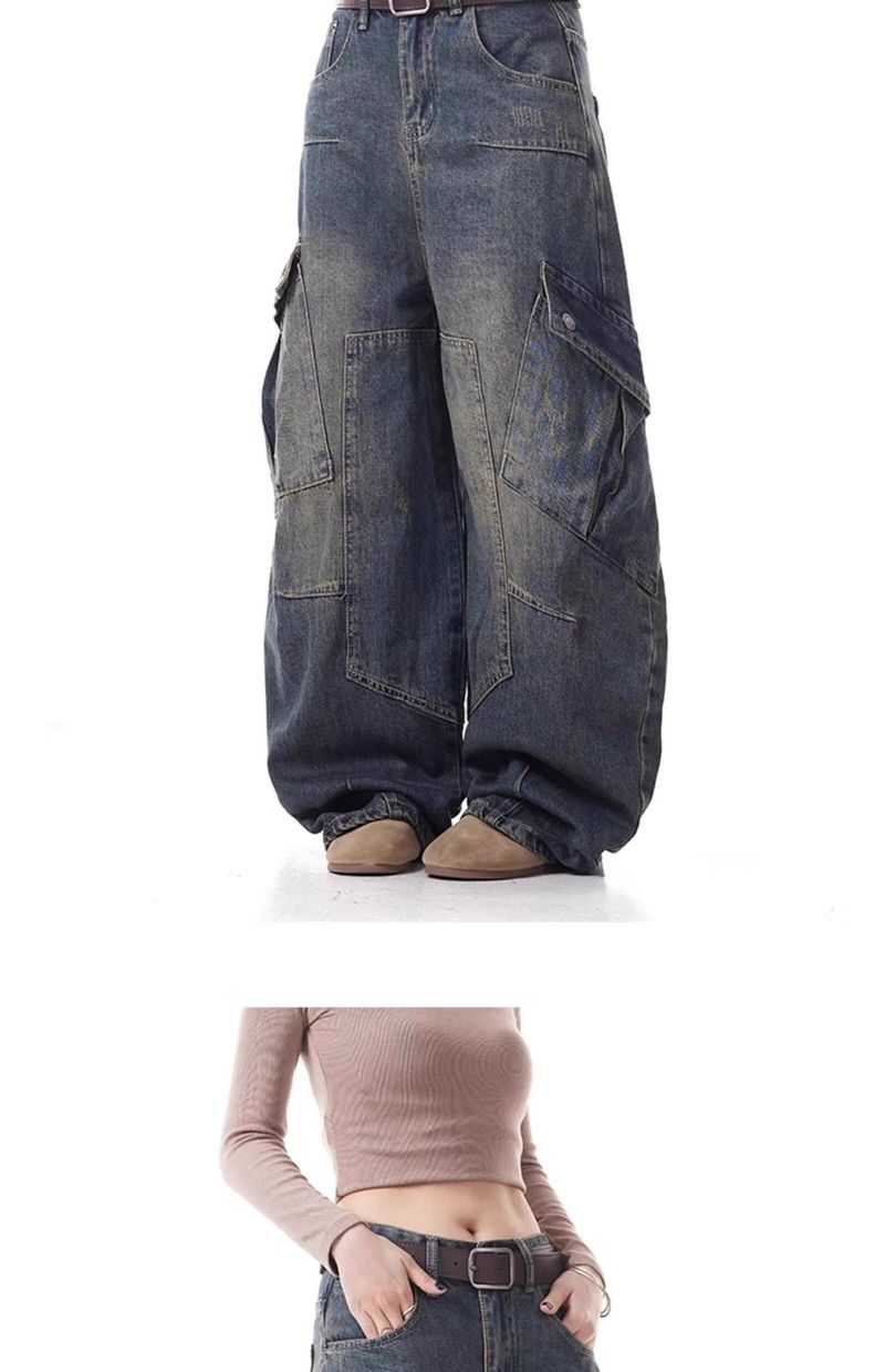 Trendige Unisex-Cargojeans für den Frühling mit einzigartigem Kurvendesign – High Street-Hose mit weitem Bein für Männer und Frauen (Retroblau, S-3XL)_voghion.com