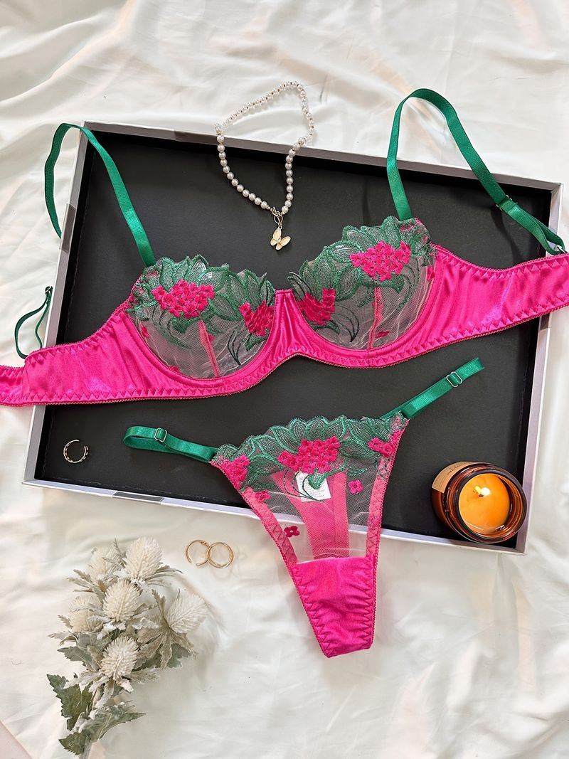 Women's Intimates New Underwear Three Point Sexy Mesh Embroidery Perspective Underwear Set Female T Pants Temptation_voghion.com