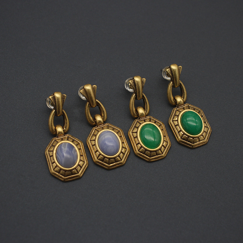 Boucles d'oreilles femme bijoux anciens réplique palais italien niche boucles d'oreilles pierre verte bijoux plaqués or ancien_voghion.com