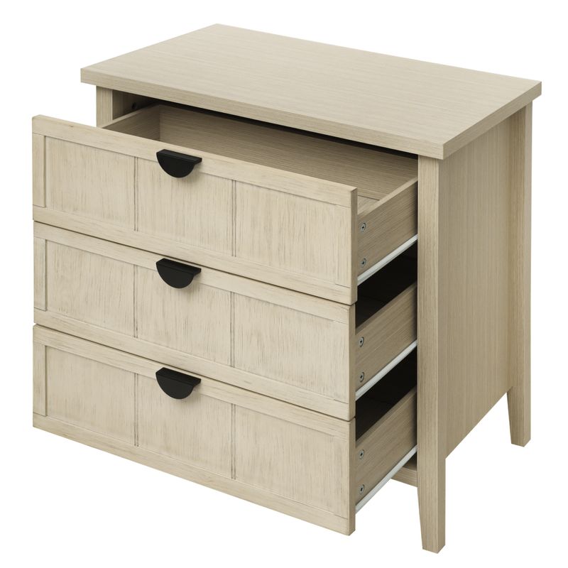 Meuble de rangement 3 tiroirs 80 x 40 x 80 cm, buffet aspect bois naturel avec sculptures linéaires, pour salon, chambre, bureau et étude._voghion.com