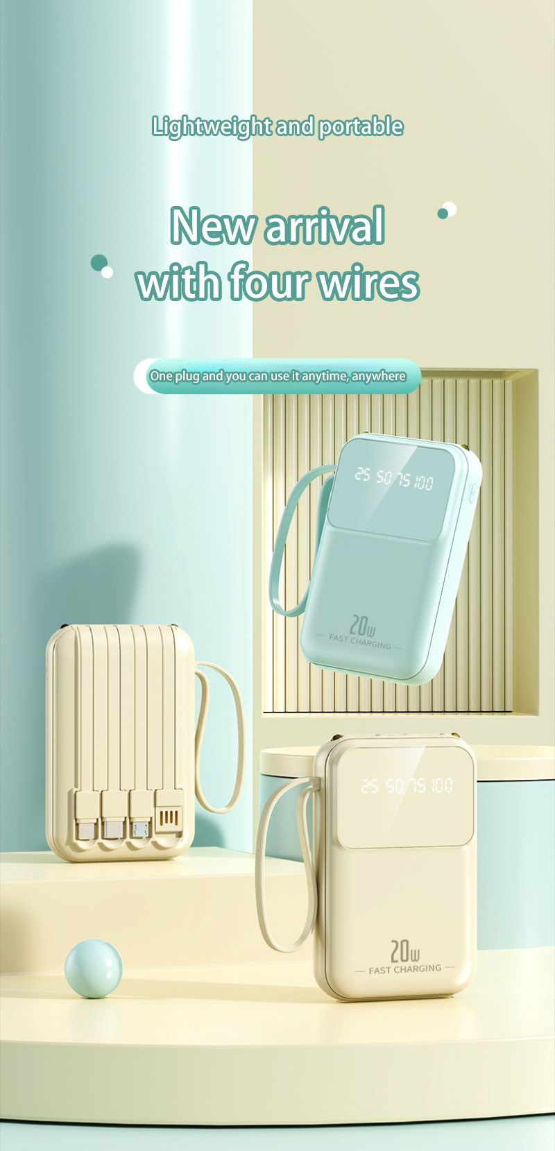 20000 MAh Compact Portable Power Bank, Super Fast With Integrated Charging Cable, Suitable For Suitable For All Mobile Phones_voghion.com