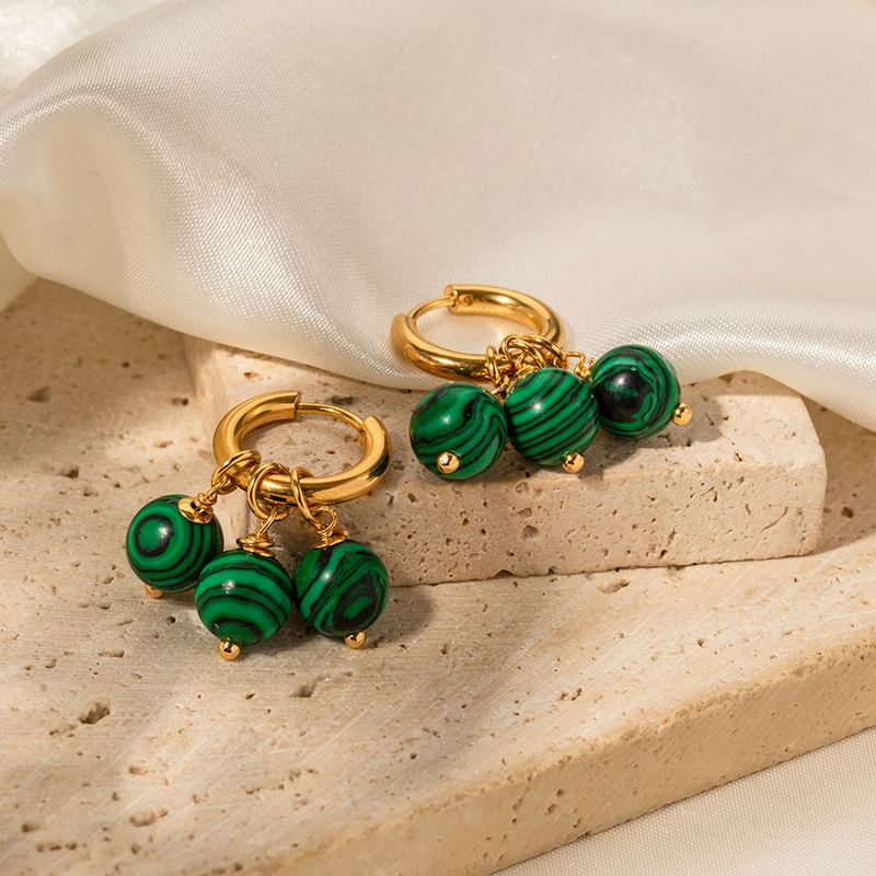 Tre pendenti con nappa in malachite verde in acciaio inossidabile dorato, orecchini alla moda in stile INS, gioielli da donna_voghion.com
