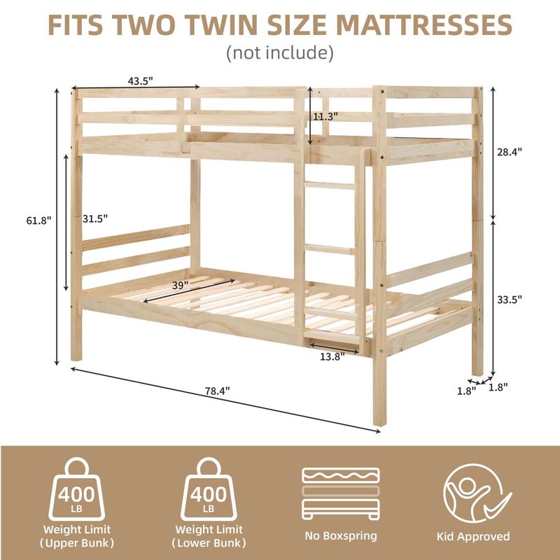 Twin Over Twin Bunk Bed With Ladder,Wooden Bunk Bed With High Guardrail And Ladder For Kids, Teens, Dorm Rooms, And Guest Rooms,No Box Spring Needed,White_voghion.com