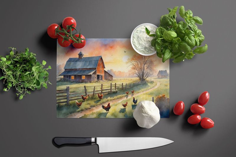 Chicken Farmyard Sunrise Glass Cutting Board Decorative Tempered Glass Kitchen Cutting And Serving Board Large Size Chopping Board_voghion.com