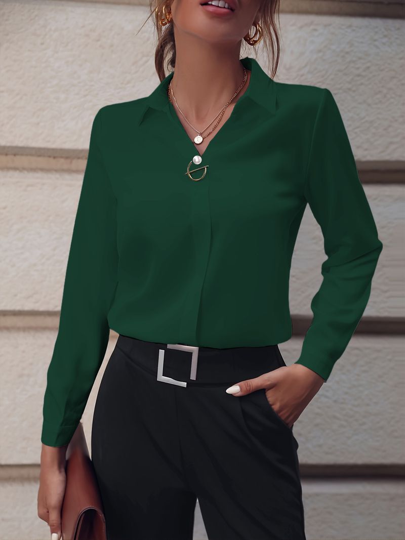 Abbigliamento da donna Camicia da donna Camicia versatile semplice in tinta unita Camicia a maniche lunghe di media lunghezza Camicia di grandi dimensioni_voghion.com