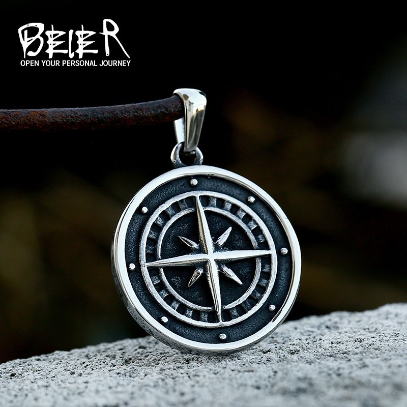 Beier 316L Stainless Steel Couple style Vegvisir Compass Pendant necklace Symbal Of Norse Runic BP8-985_voghion.com