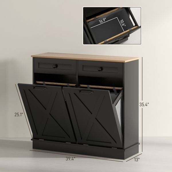 HOMCOM Tilt Out Laundry Hamper Cabinet, Bathroom Storage Cabinet With 2 Removable Baskets And 2 Drawers, Black_voghion.com